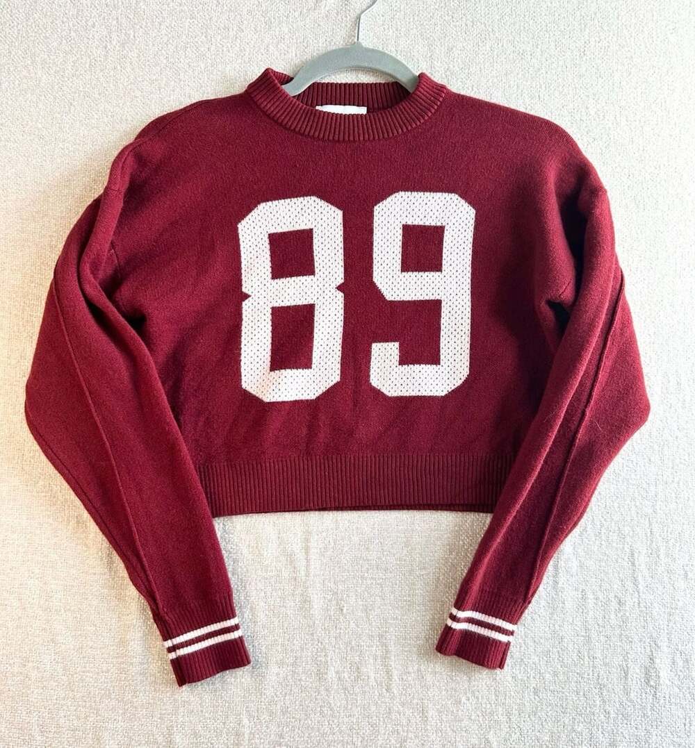 Pink Rose Burgundy Number 89 Varsity Stripe Crop Sweater